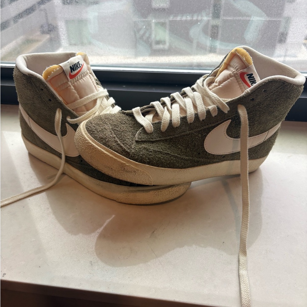 Nike Suede High-Top Sneakers in Olive Green, Cream & Red